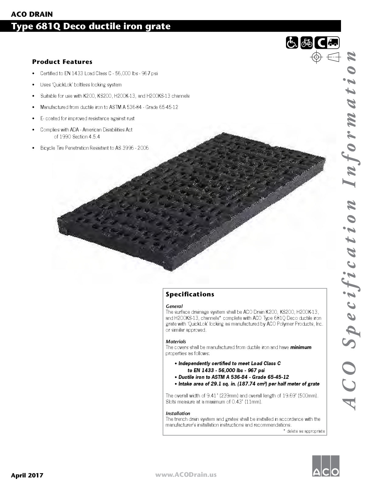 Trinchera - Rejilla Prefabricada de 8" Modelo Hierro Dúctil Decorativo, Marca Aco México, Quima, 681Q, Distribuidor autorizado, Proveedor autorizado, Hoja tecnica, Ficha tecnica, Hoja seguridad