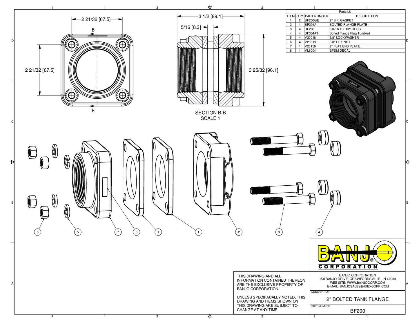 Conexión Cuadrada Bulkhead para Tanque de Polipropileno, Marca Banjo México, Quima, BF200, Distribuidor autorizado, Proveedor autorizado, Hoja tecnica, Ficha tecnica, Hoja seguridad