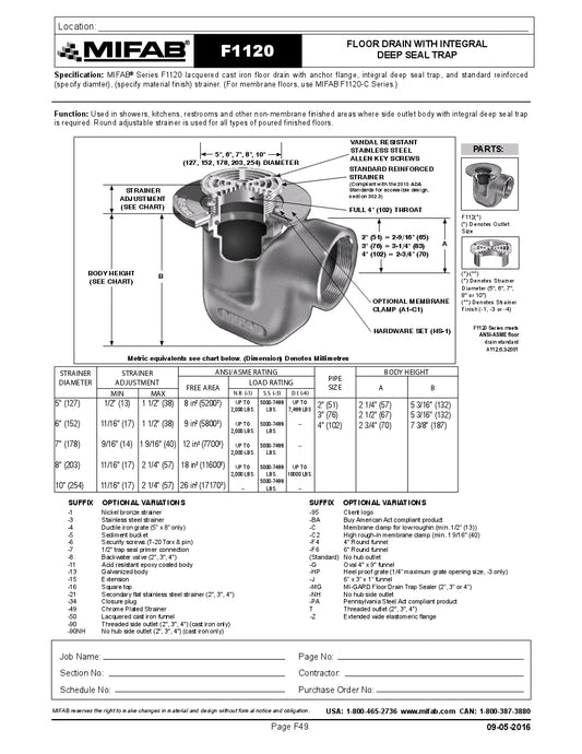 Coladera de Piso con Rejilla Circular y Trampa Integrada marca Mifab México, Quima.com , F1120, Hoja Técnica, Ficha tecnica, Hoja tecnica
