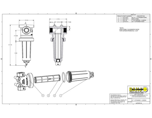 Filtro en Forma T de 3/4" con Sistema de Fácil Limpieza y Desagüe, Marca Banjo Mexico, Quima, LST075, Distribuidor autorizado, proveedor autorizado, Hoja tecnica, Ficha tecnica, Hoja seguridad