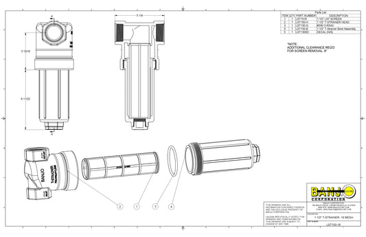 Filtro en Forma T de 1 1/2" con Sistema de Fácil Limpieza y Desagüe, Marca Banjo Mexico, Quima, LST150, Hoja tecnica, Ficha tecnica, Hoja seguridad