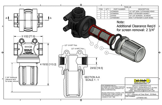 Mini Filtro de 1/2"con Recipiente Transparente, Marca Banjo México, Quima, Distribuidor autorizado, Proveedor autorizado, LSTM050, Hoja tecnica, Ficha tecnica, Hoja seguridad