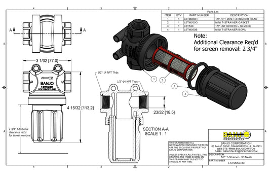 Mini Filtro en Forma T de 1/2"con Recipiente, Marca Banjo, Quima, LSTM050, Distribuidor autorizado, Proveedor autorizado, Hoja tecnica, Hoja seguridad, Ficha tecnica