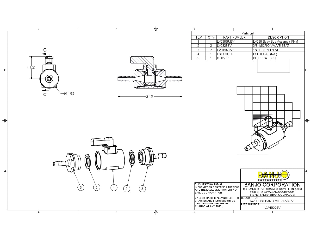 Micro Valvula para Manguera de 1/4" - 3/4" de Polipropilena con Vitón marca Banjo, Quima.com, LVPL025V, Hoja Tecnica