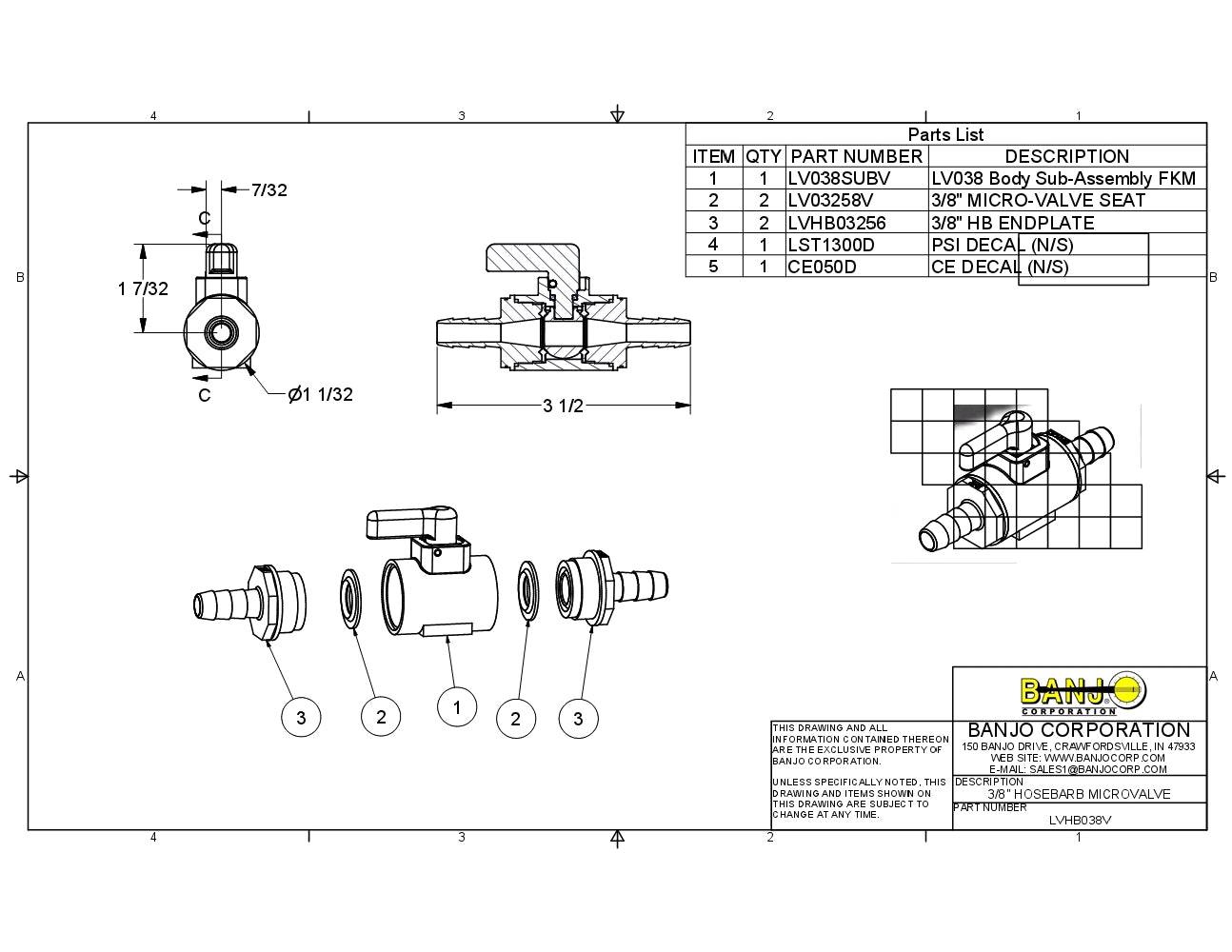 Micro Valvula para Manguera de 1/4" - 3/4" de Polipropilena con Vitón marca Banjo, Quima.com, LVPL038V, Hoja Tecnica