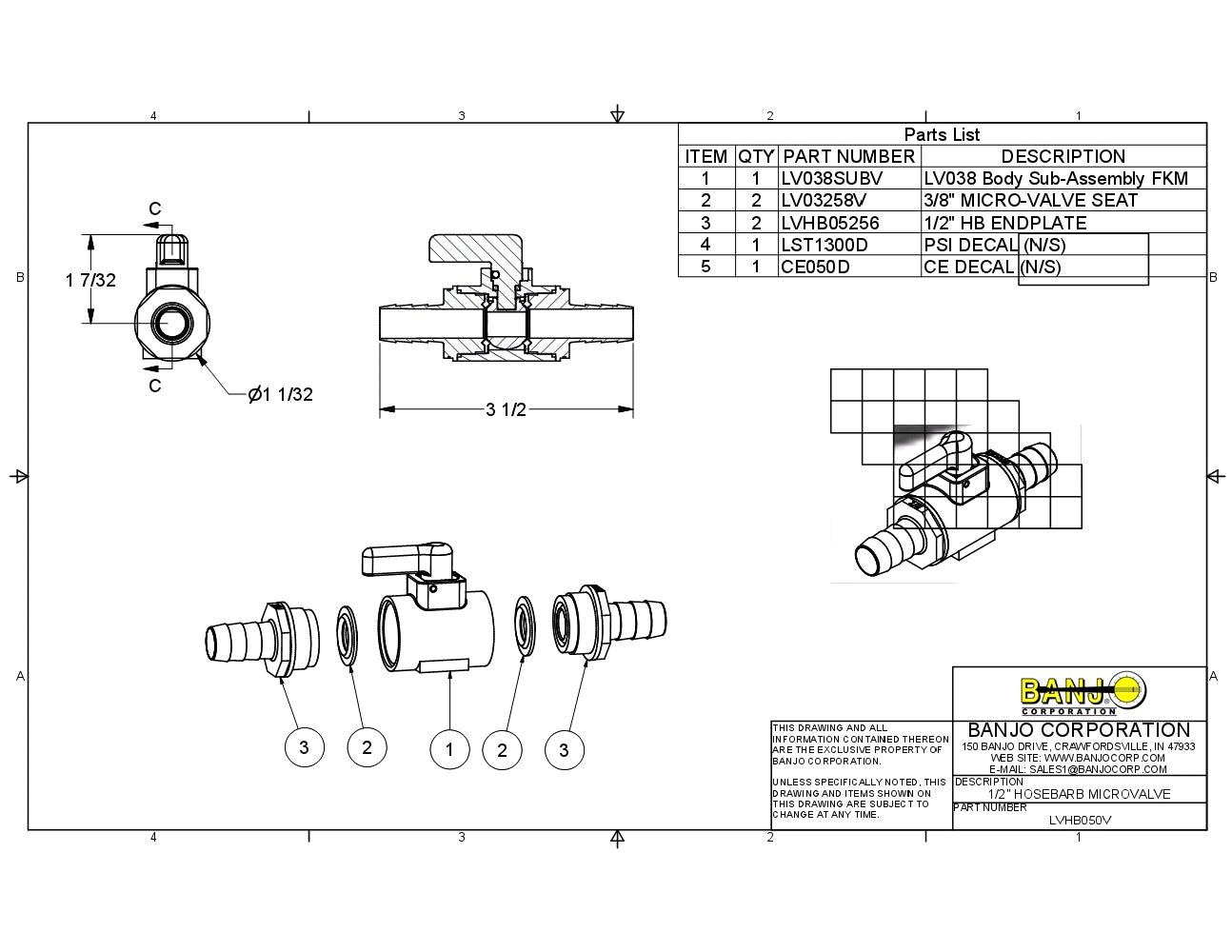 Micro Valvula para Manguera de 1/4" - 3/4" de Polipropilena con Vitón marca Banjo, Quima.com, LVPL050V, Hoja Tecnica