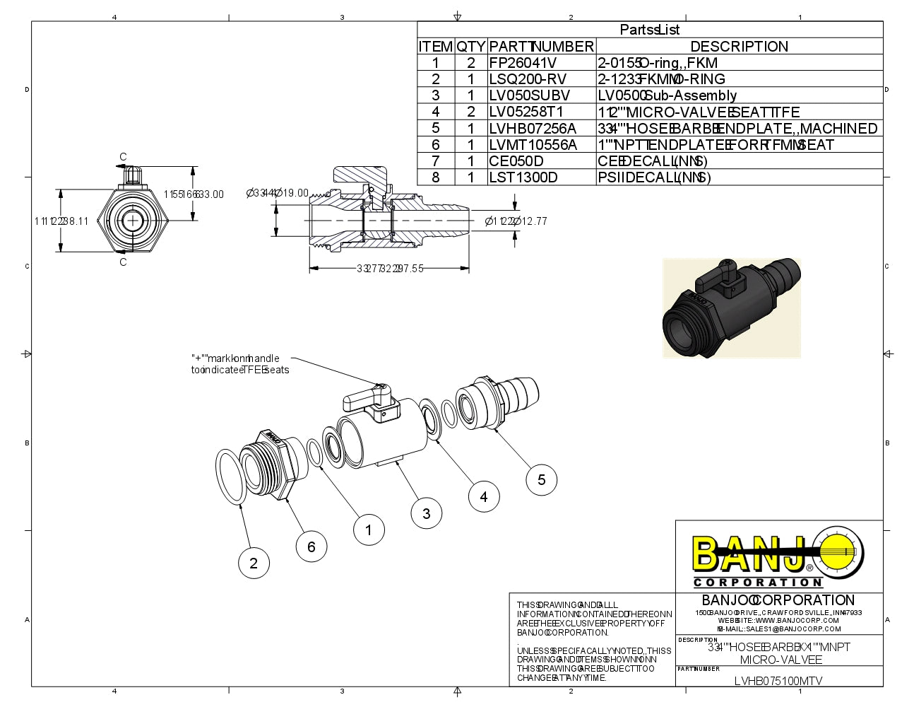 Micro Valvula para Manguera y Rosca Macho 3/8" - 3/4" de Polipropileno con Vitón marca Banjo, Quima.com, LVHB075MTV, Hoja Tecnica