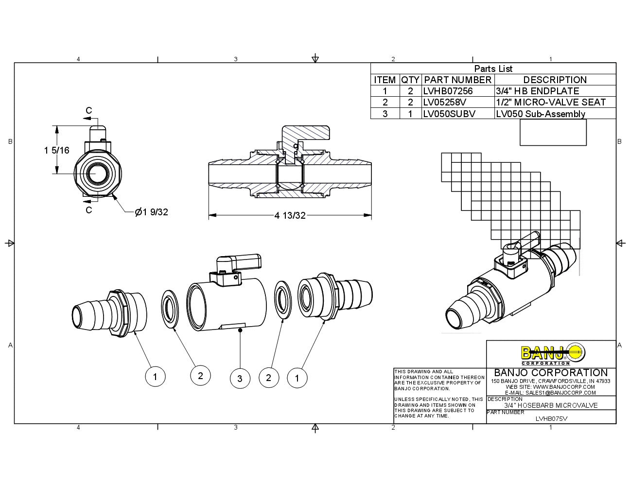 Micro Valvula para Manguera de 1/4" - 3/4" de Polipropilena con Vitón marca Banjo, Quima.com, LVPL050V, Hoja Tecnica