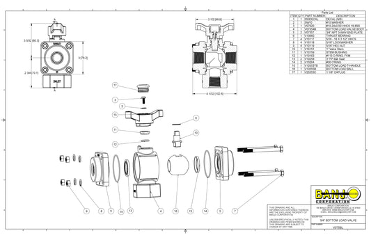 Válvula de bola de 3 vías con salida inferior Rosca hembra, Marca Banjo Mexico, Quima, V075BL, Hoja seguridad, Hoja técnica, Ficha técnica