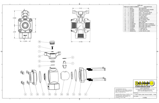 Válvula de Bola de 3 Vías con Salida Inferior Rosca Hembra, Marca Banjo Mexico, Quima, V100BL, Ficha técnica, Hoja seguridad, Hoja técnica