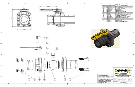 Valvula de Bola compacta de 2" , Espiga para manguera y Conexion rapida macho adaptador, Marca Banjo México , VSFHB200 , Hoja seguridad , Hoja tecnica . Ficha tecnica