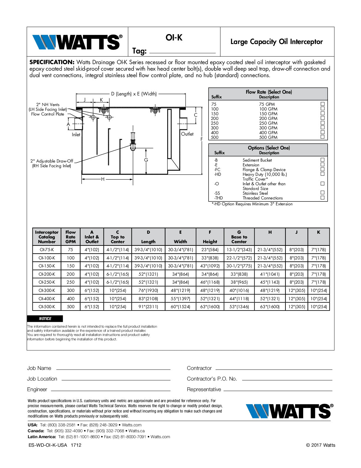 Trampa de Grasa Serie OI-K, Marca Watts México, Quima, Distribuidor autorizado, Proveedor autorizado, Hoja tecnica, Ficha tecnica