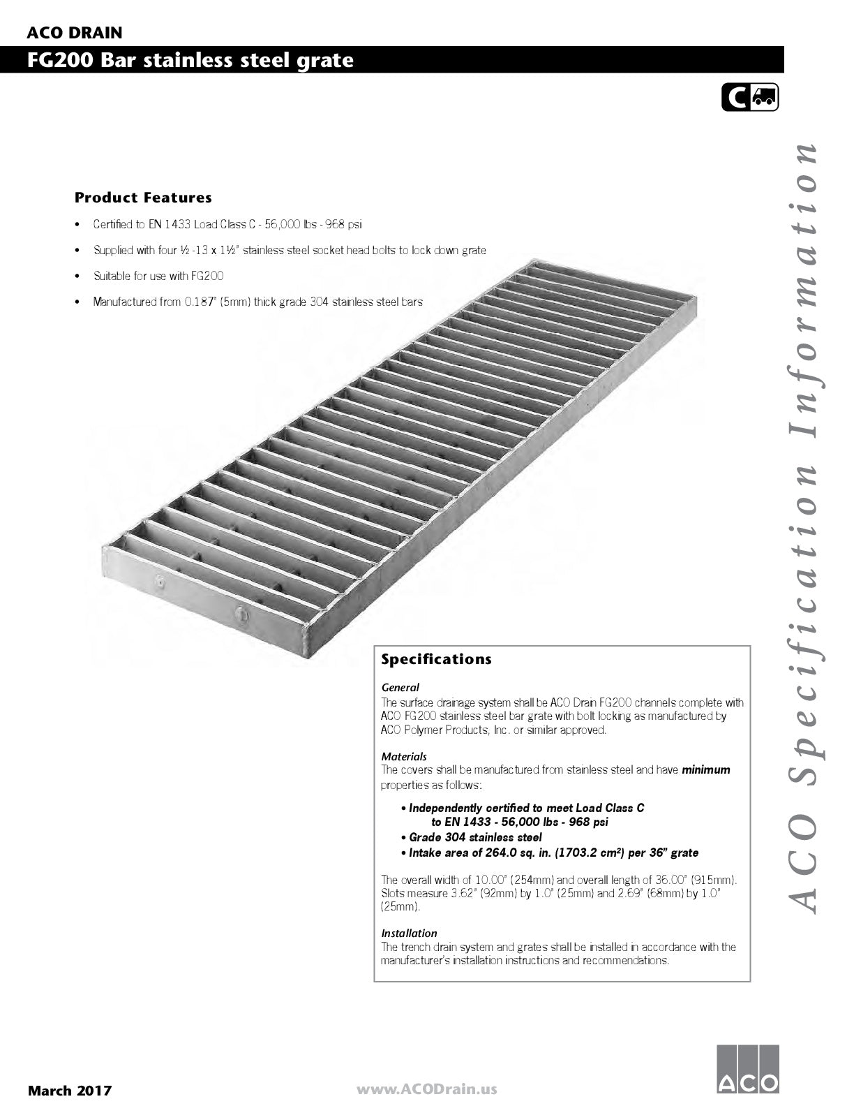 Trinchera - Rejilla Prefabricada de 8" Modelo Barra Acero Inoxidable, Marca Aco México, Quima, fg200, Distribuidor autorizado, Proveedor autorizado, Hoja tecnica, Ficha tecnica, Hoja seguridad