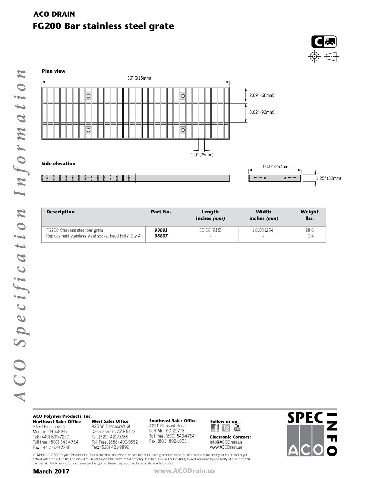 Trinchera - Rejilla Prefabricada de 8" Modelo Barra Acero Inoxidable, Marca Aco México, Quima, fg200, Distribuidor autorizado, Proveedor autorizado, Hoja tecnica, Ficha tecnica, Hoja seguridad