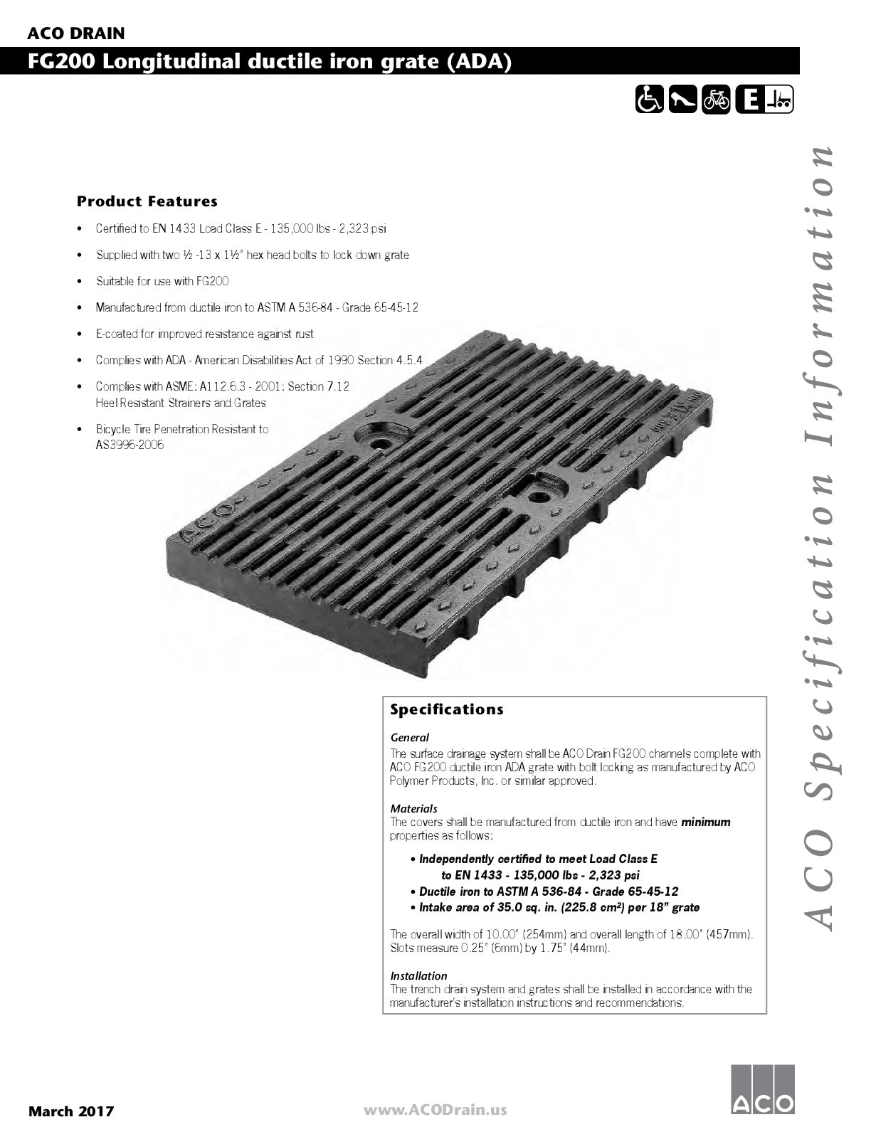 Trinchera - Rejilla Prefabricada de 8" Modelo Hierro Dúctil Longitudinal, Marca Aco México, Quima, FG200, Distribuidor autorizado, Proveedor autorizado, hoja tecnica, Ficha tecnica, Hoja seguridad