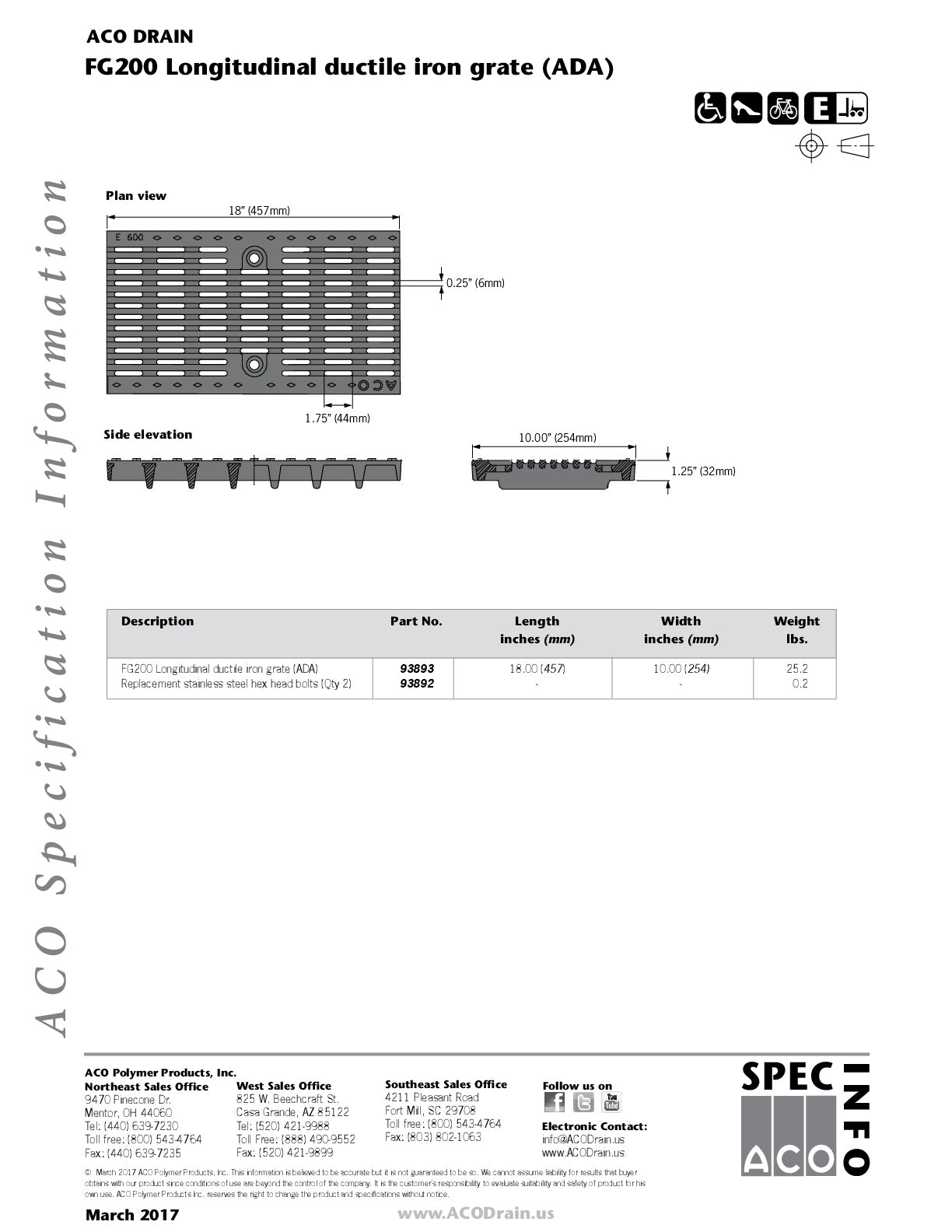 Trinchera - Rejilla Prefabricada de 8" Modelo Hierro Dúctil Longitudinal, Marca Aco México, Quima, FG200, Distribuidor autorizado, Proveedor autorizado, hoja tecnica, Ficha tecnica, Hoja seguridad