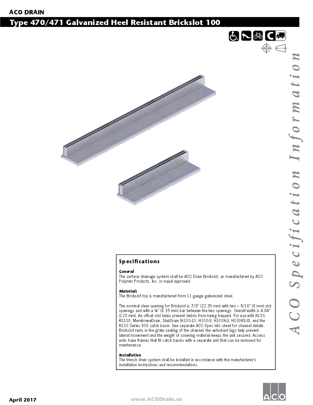 Trinchera - Rejilla Prefabricada de 4" Modelo Brickslot de Acero Inoxidable, Marca Aco México, Quima, 472-473, Distribuidor autorizado, Proveedor autorizado, Hoja tecnica, Ficha tecnica, Hoja seguridad