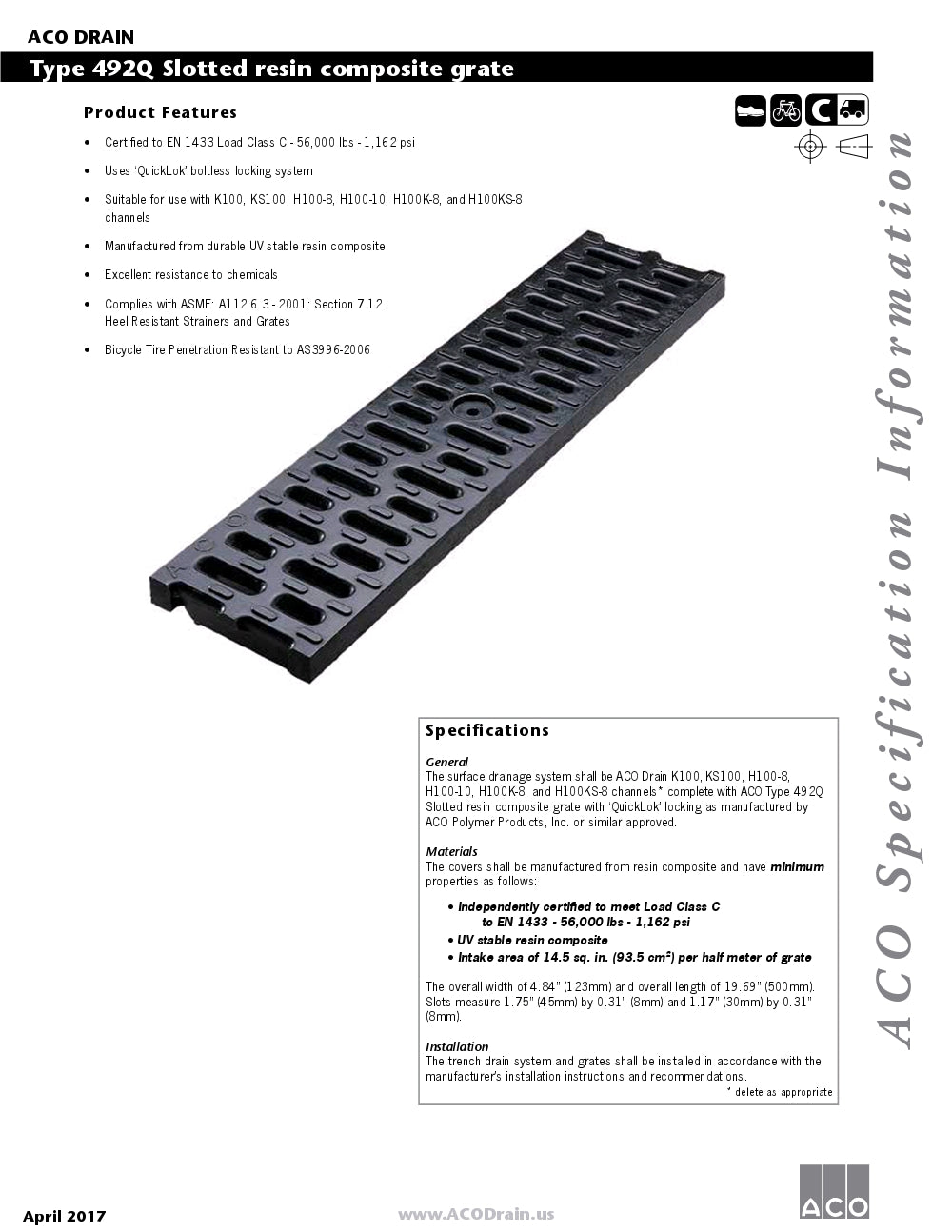 Trinchera Prefabricada de 4" Modelo Compuesto Ranurado, Marca Aco México, Quima, 492Q, Distribuidor autorizado, Proveedor autorizado, Hoja tecnica, Ficha tecnica, Hoja seguridad