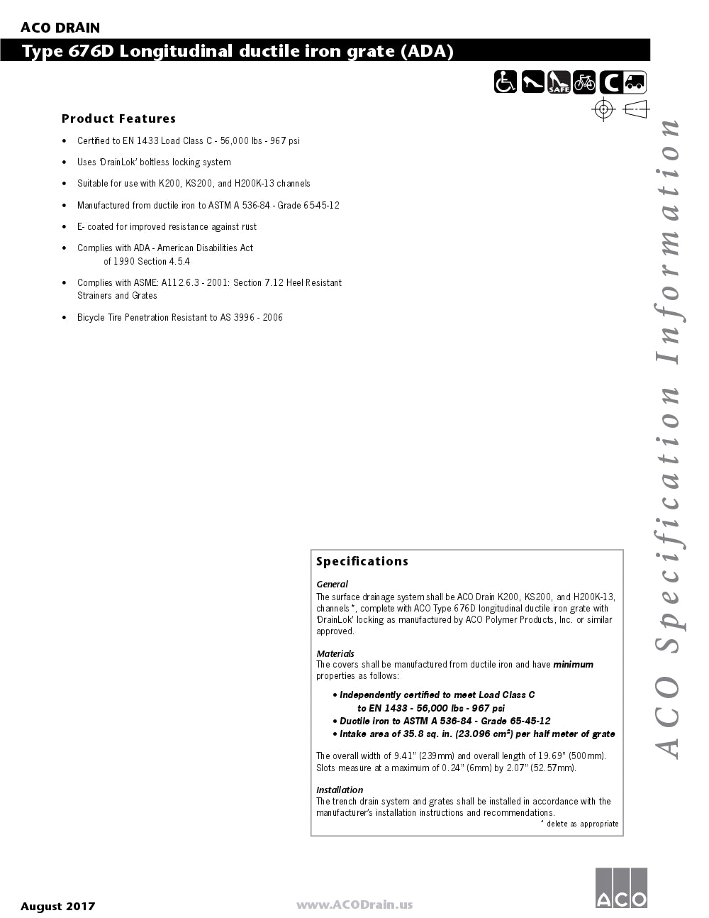 Trinchera - Rejilla Prefabricada de 8" Modelo Longitudinal Hierro Ductil, Marca Aco México, Quima, 676D, Proveedor autorizado, Distribuidor autorizado, Hoja tecnica, Ficha tecnica, Hoja seguridad