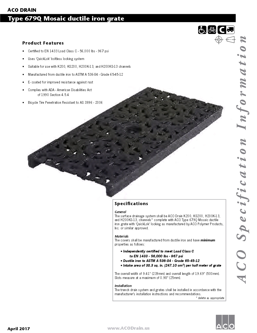 Trinchera Prefabricada de 8" Modelo Mosaico de Hierro Ductil, Marca Aco México, Quima, 679Q, Distribuidor autorizado, Proveedor autorizado, Hoja tecnica, Ficha tecnica, Hoja seguridad