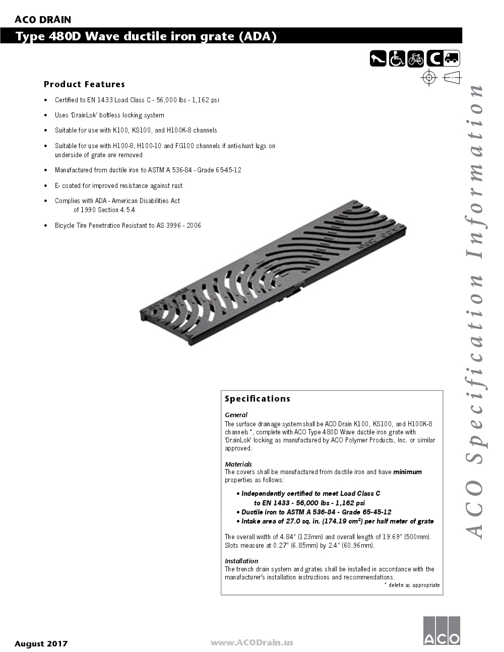 Trinchera - Rejilla Prefabricada de 4" Modelo Hierro Dúctil Tipo Ola, Marca Aco México, Quima, 480D, Distribuidor autorizado, Proveedor autorizado, Hoja tecnica, Ficha tecnica, Hoja seguridad
