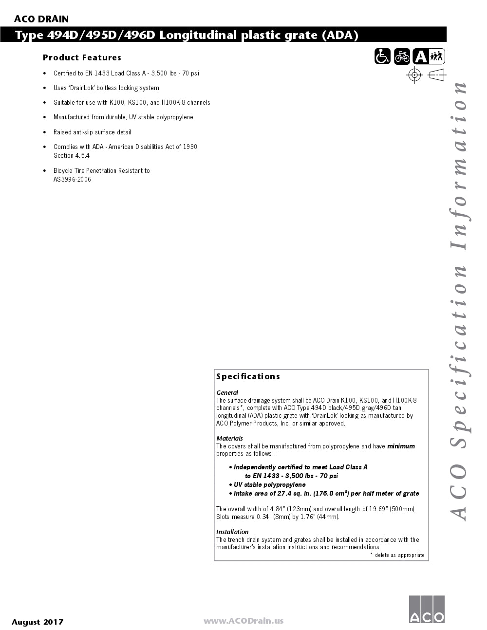 Trinchera Prefabricada de 4" Modelo Longitudinal Plástico Gris, Marca Aco México, Quima, 495D, Distribuidor autorizado, Proveedor autorizado, Hoja tecnica, Ficha tecnica, Hoja seguridad