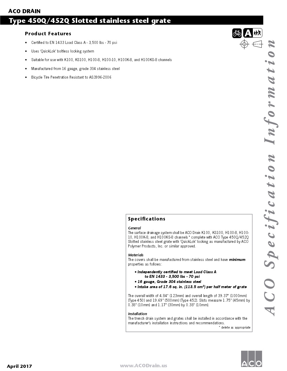 Trinchera - Rejilla Prefabricada de 4" Modelo Acero Inoxidable Ranurado, Marca Aco México, Quima, 450q-452q, Distribuidor autorizado, Proveedor autorizado, Hoja tecnica, Ficha tecnica, Hoja seguridad