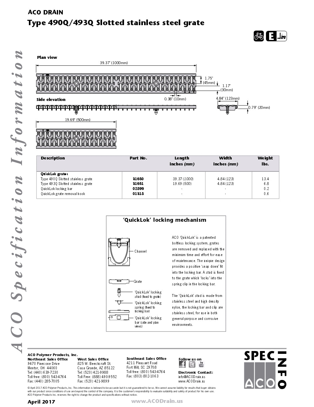 Trinchera - Rejilla Prefabricada de 4" Modelo Acero Inoxidable Ranurado, Marca Aco México, Quima,409Q-493Q, Distribuidor autorizado, Proveedor autorizado, Hoja tecnica, Hoja seguridad, Ficha tecnica