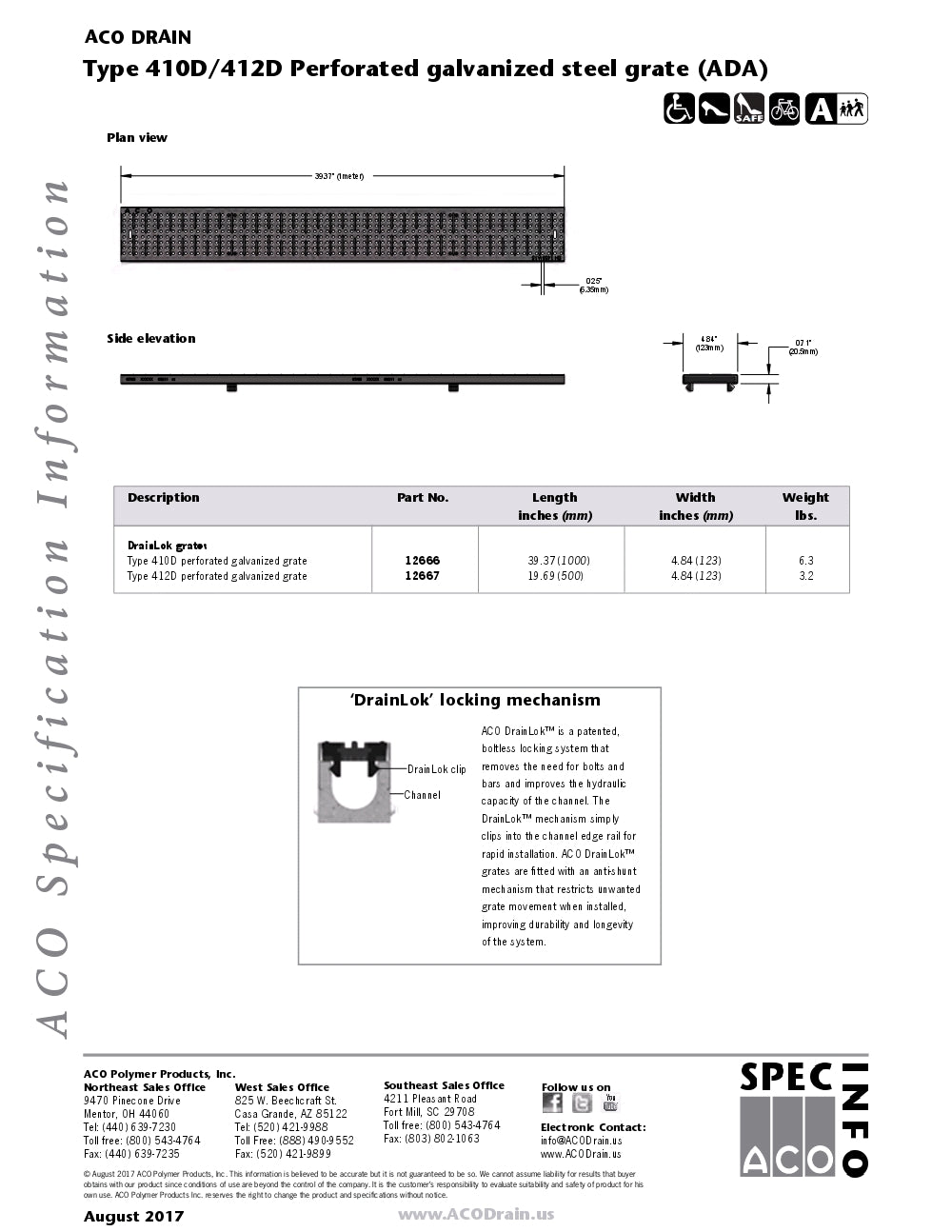 Trinchera - Rejilla Prefabricada de 4" Modelo Acero Galvanizado y Perforado, Marca ACO Mexico, Quima, 410D/412D, Distribuidor autorizado, Proveedor autorizado, Hoja tecnica, Ficha tecnica, Hoja de seguridad