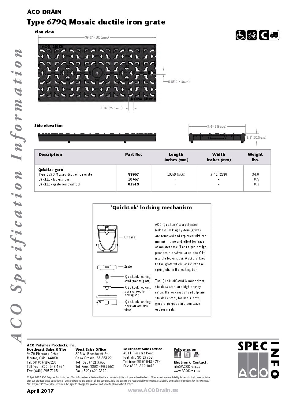 Trinchera Prefabricada de 8" Modelo Mosaico de Hierro Ductil, Marca Aco México, Quima, 679Q, Distribuidor autorizado, Proveedor autorizado, Hoja tecnica, Ficha tecnica, Hoja seguridad
