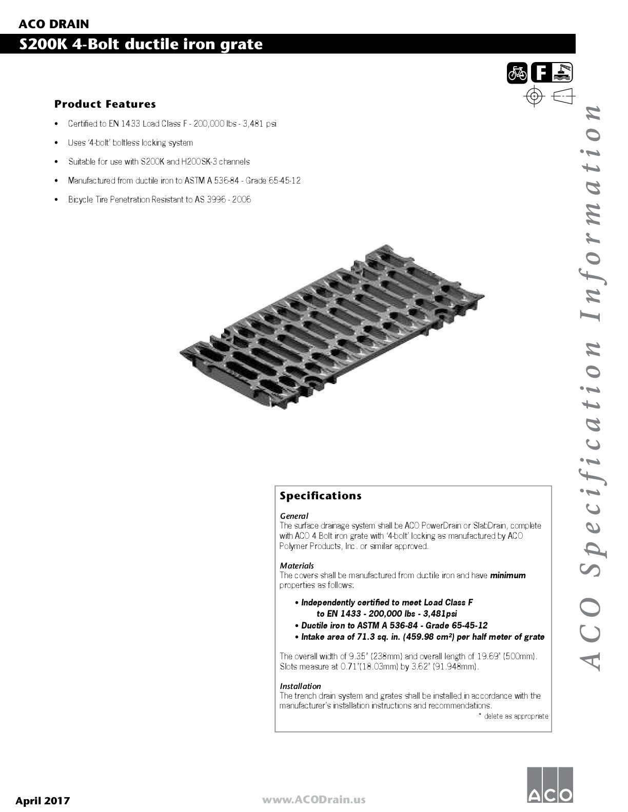 Trinchera - Rejilla Prefabricada de 8" Modelo Hierro Dúctil Ranurado, Marca Aco México, Quima, S200K4, Distribuidor autorizado, Proveedor autorizado, Hoja tecnica, Ficha tecnica, Hoja seguridad