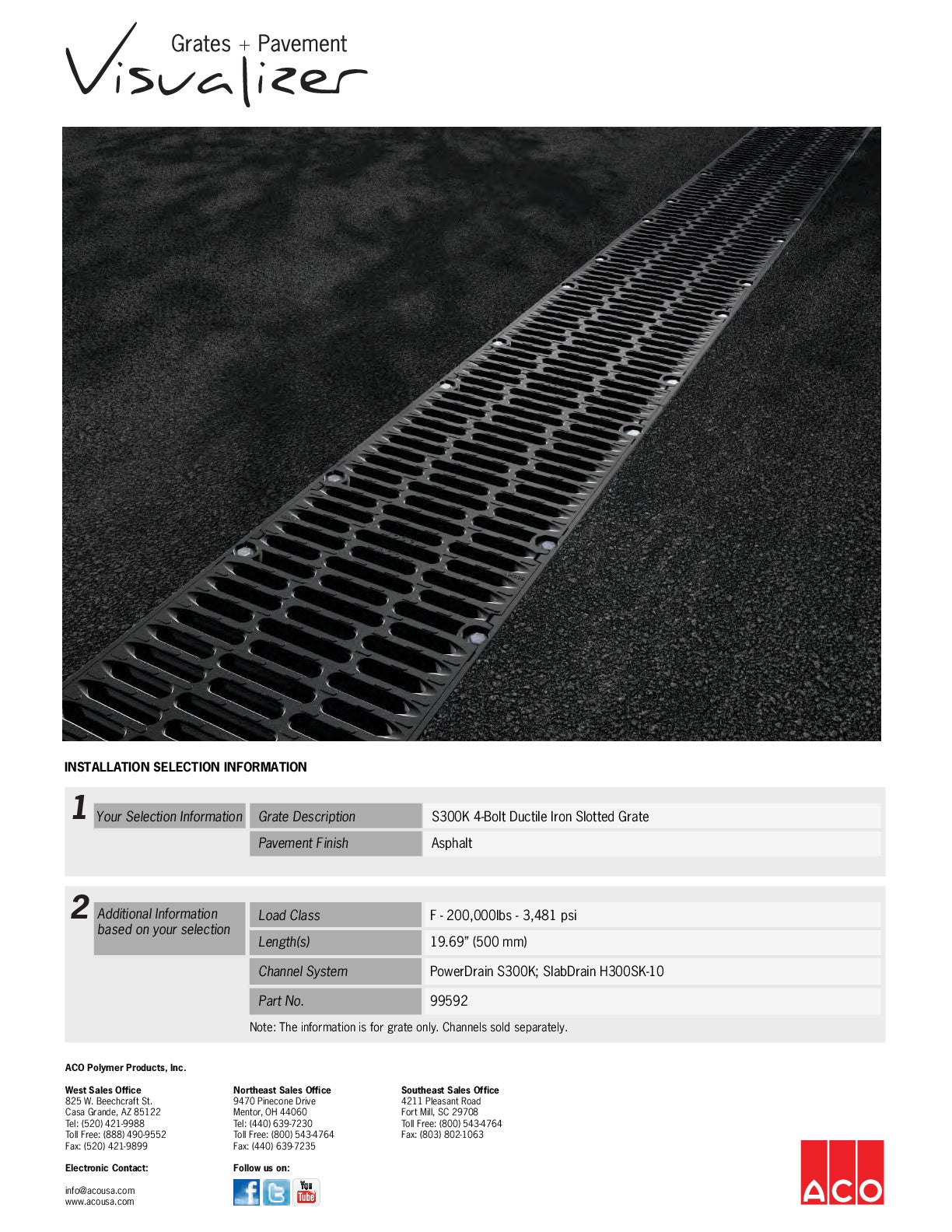 Trinchera - Rejilla Prefabricada de 12" Modelo Hierro Dúctil Ranurado, Marca Aco México, Quima, S300K, Distribuidor autorizado, Proveedor autorizado, Hoja tecnica, Ficha tecnica, Hoja seguridad
