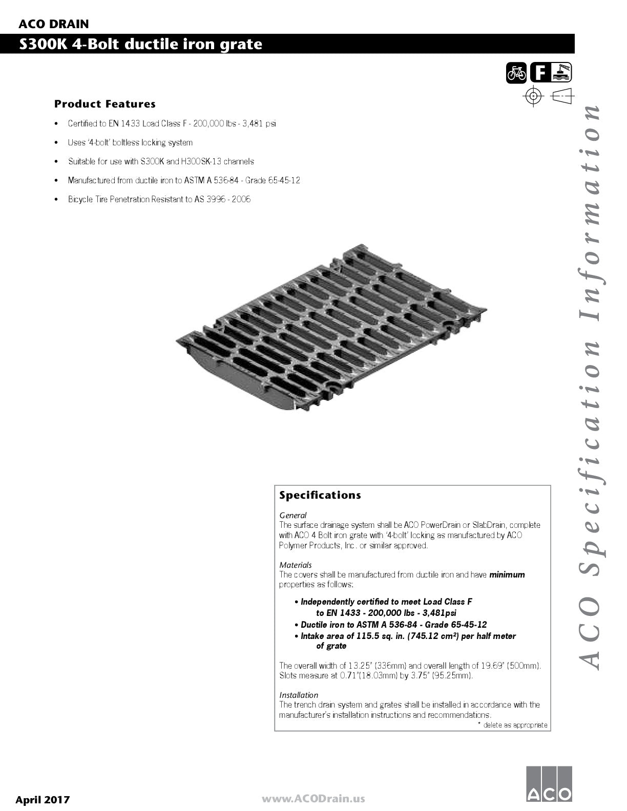 Trinchera - Rejilla Prefabricada de 12" Modelo Hierro Dúctil Ranurado, Marca Aco México, Quima, S300K, Distribuidor autorizado, Proveedor autorizado, Hoja tecnica, Ficha tecnica, Hoja seguridad