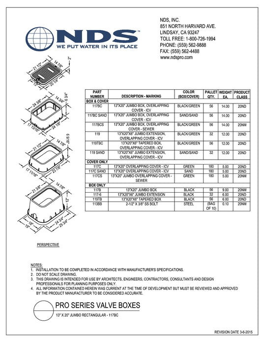 Caja de Registro para Válvulas de 13" x 20", Marca NDS Mexico, 117B, Quima, Proveedor autorizado, Distribuidor autorizado, Hoja tecnica, Ficha tecnica, Hoja seguridad 