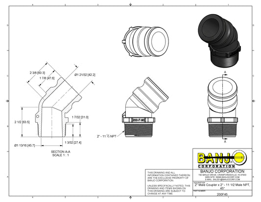 Conexión Adaptador con Rosca Macho de 45° Tipo F, Marca Banjo México, Quima, Proveedor autorizado, Distribuidor autorizado, 200f45, Hoja tecnica, Ficha tecnica, Hoja seguridad