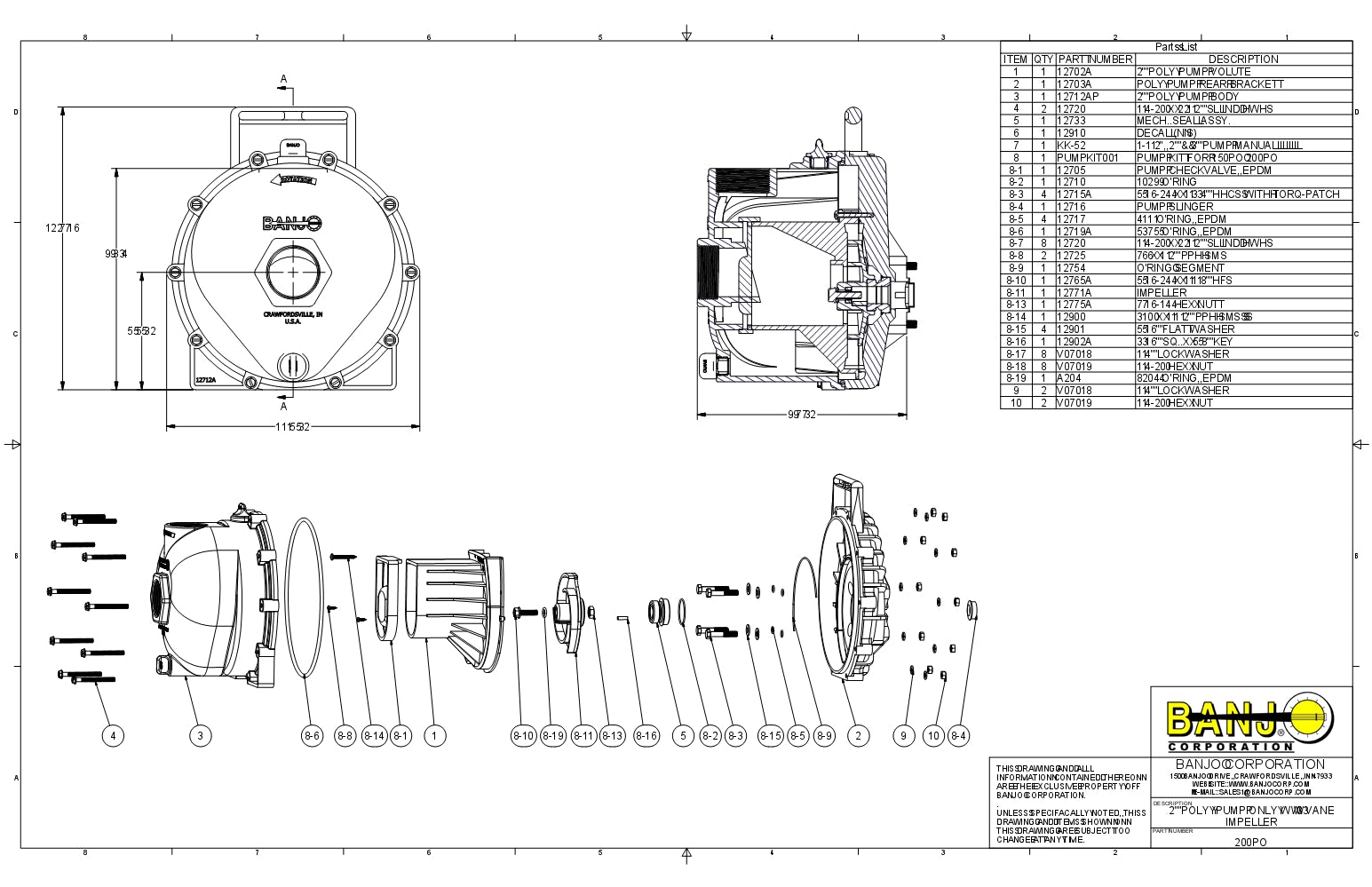 Bomba Centrifuga de 1/2" y 2" solo carcasa marca Banjo Mexico, Quima.com, 200PO y 205PO, Distribuidor autorizado, Proveedor autorizado, Hoja Técnica, Ficha técnica, Hoja seguridad