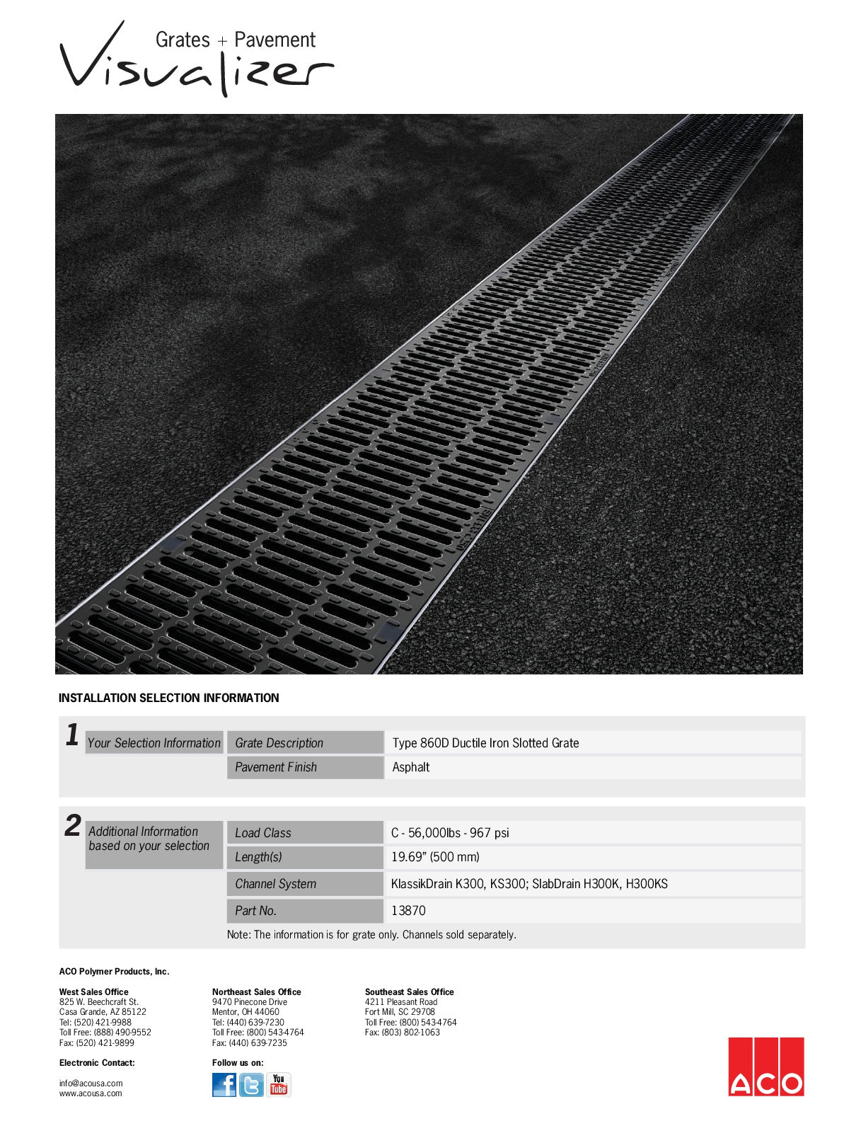 Trinchera - Rejilla Prefabricada de 12" Modelo Hierro Dúctil Ranurado, Marca Aco México, Quima,  860D, Distribuidor autorizado, Proveedor autorizado, Hoja tecnica, Ficha tecnica, Hoja seguridad