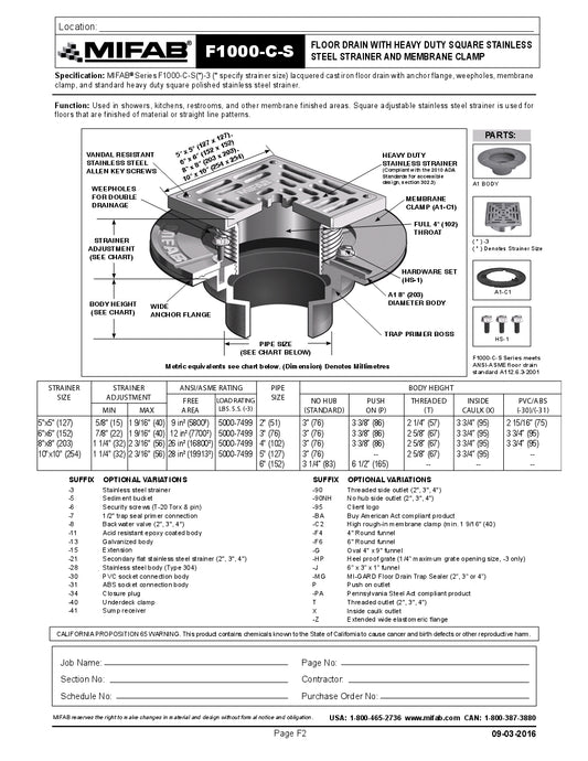 Coladera de Piso con Rejilla Cuadrada para Membrana marca Mifab, Quima.com, F1000-SC, Hoja Tecnica