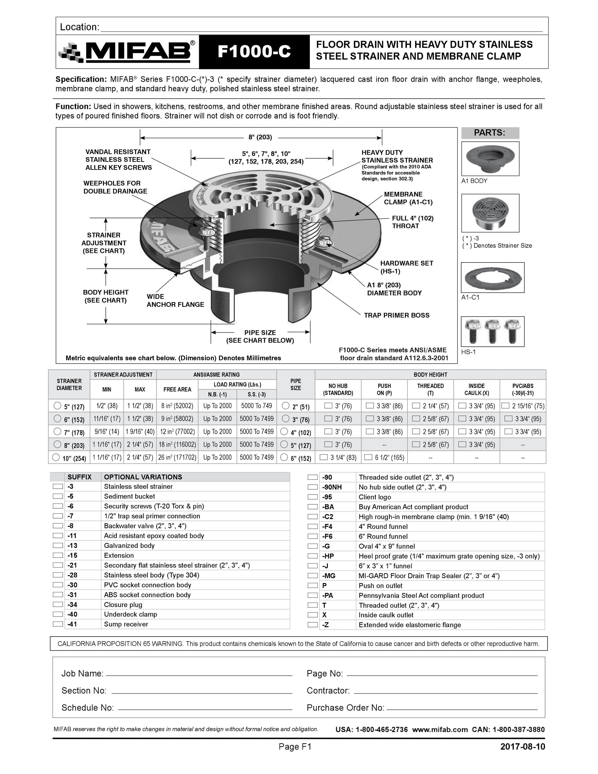 Coladera de Piso con Rejilla Circular para Membrana marca Mifab, Quima, F1000-C, Hoja Tecnica