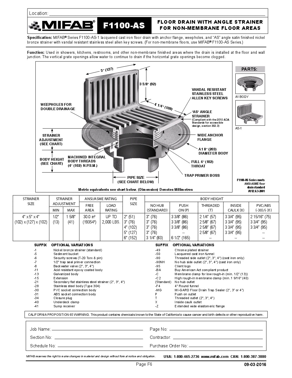 Coladera de Piso con Rejilla Cuadrada en Angulo para Membrana marca Mifab, Quima.com, F1100-C-AS, Hoja Tecnica