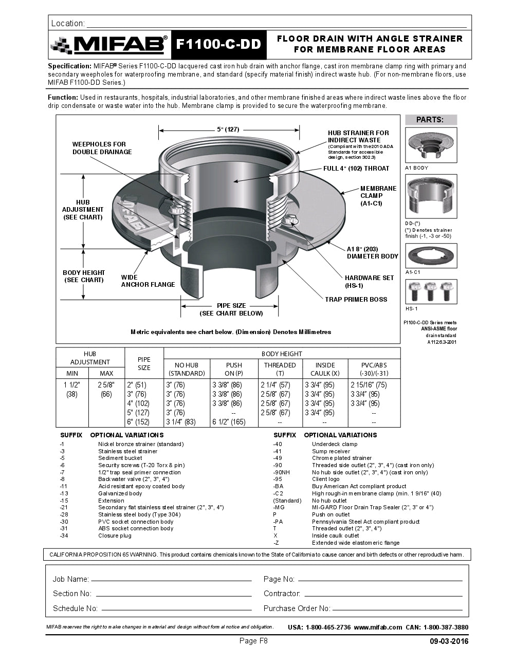 Coladera de Piso sin Rejilla Circular para Membrana marca Mifab, Quima.com, F1100-C-DD, Hoja Tecnica