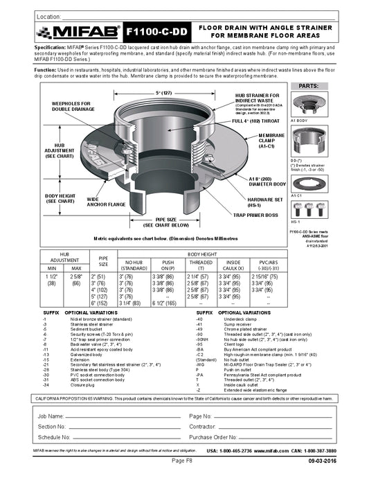 Coladera de Piso sin Rejilla Circular para Membrana marca Mifab, Quima.com, F1100-C-DD, Hoja Tecnica