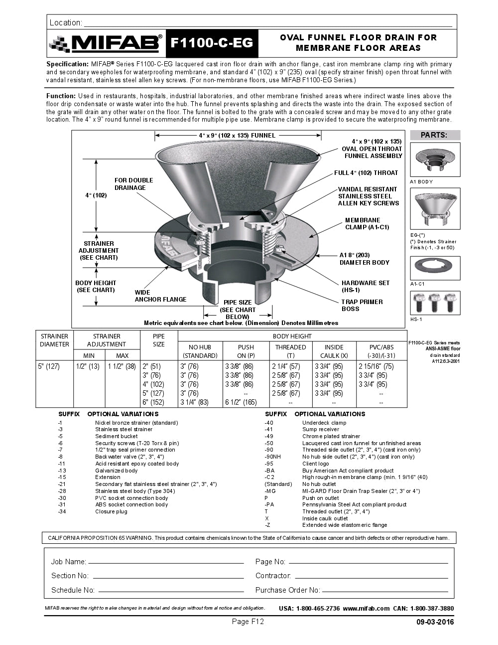 Coladera de Piso con Embudo Circular para Membrana, Marca Mifab, F1100-C-EG, Hoja Tecnica, Hoja seguridad, Ficha tecnica