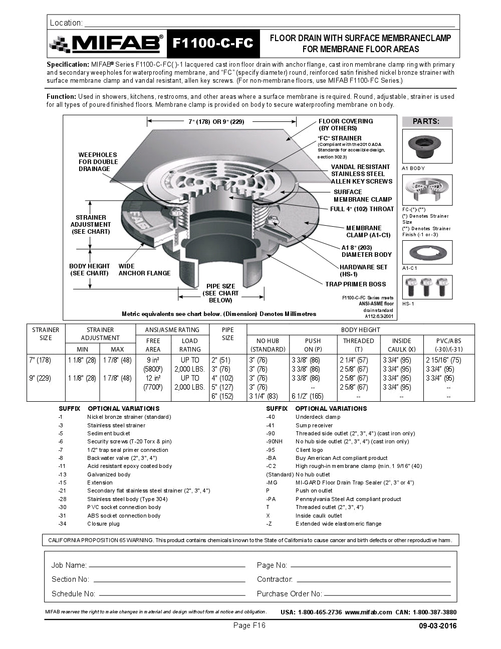 Coladera de Piso con Rejilla Circular y Sujetador de Membrana Superficial y Membrana Interior marca Mifab, Quima.com , F1100-C-FC, Hoja Tecnica