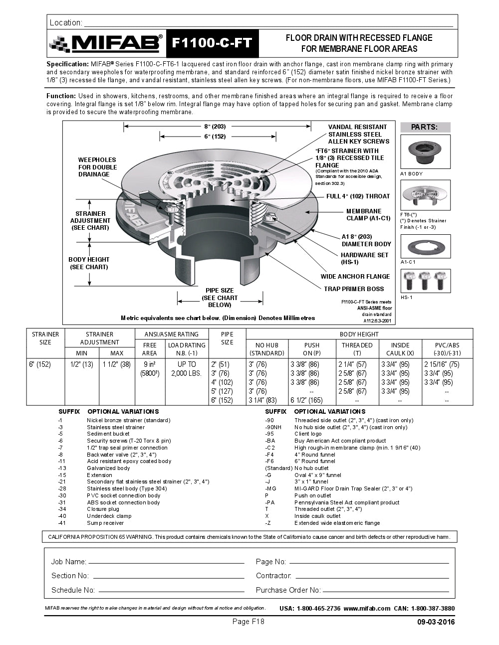 Coladera de Piso con Rejilla Circular Extendida para Membrana marca Mifab, Quima, F1100-C-FT, Hoja Tecnica