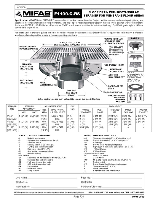 Coladera de Piso con Rejilla Cuadrada Extendida para Membrana marca Mifab, Quima.com, F1100-C-RS, Hoja Tecnica