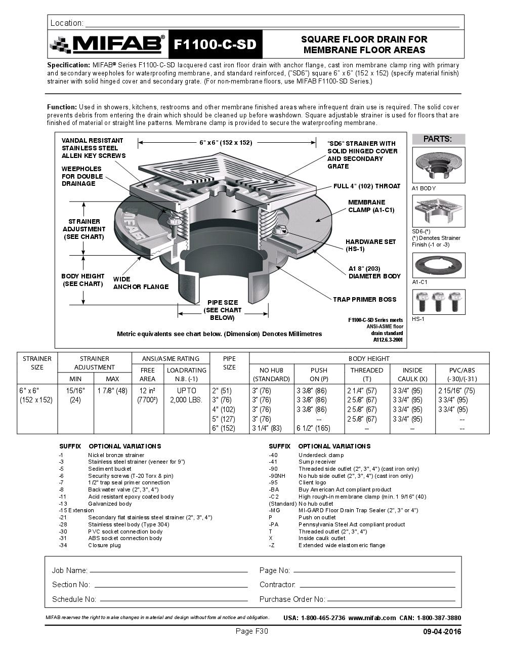 Coladera de Piso con Rejilla Cuadrada Removible para Membrana marca Mifab, Quima.com, F1100-C-SD, Hoja Tecnica