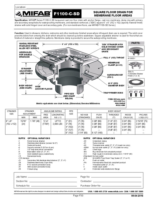 Coladera de Piso con Rejilla Cuadrada Removible para Membrana marca Mifab, Quima.com, F1100-C-SD, Hoja Tecnica