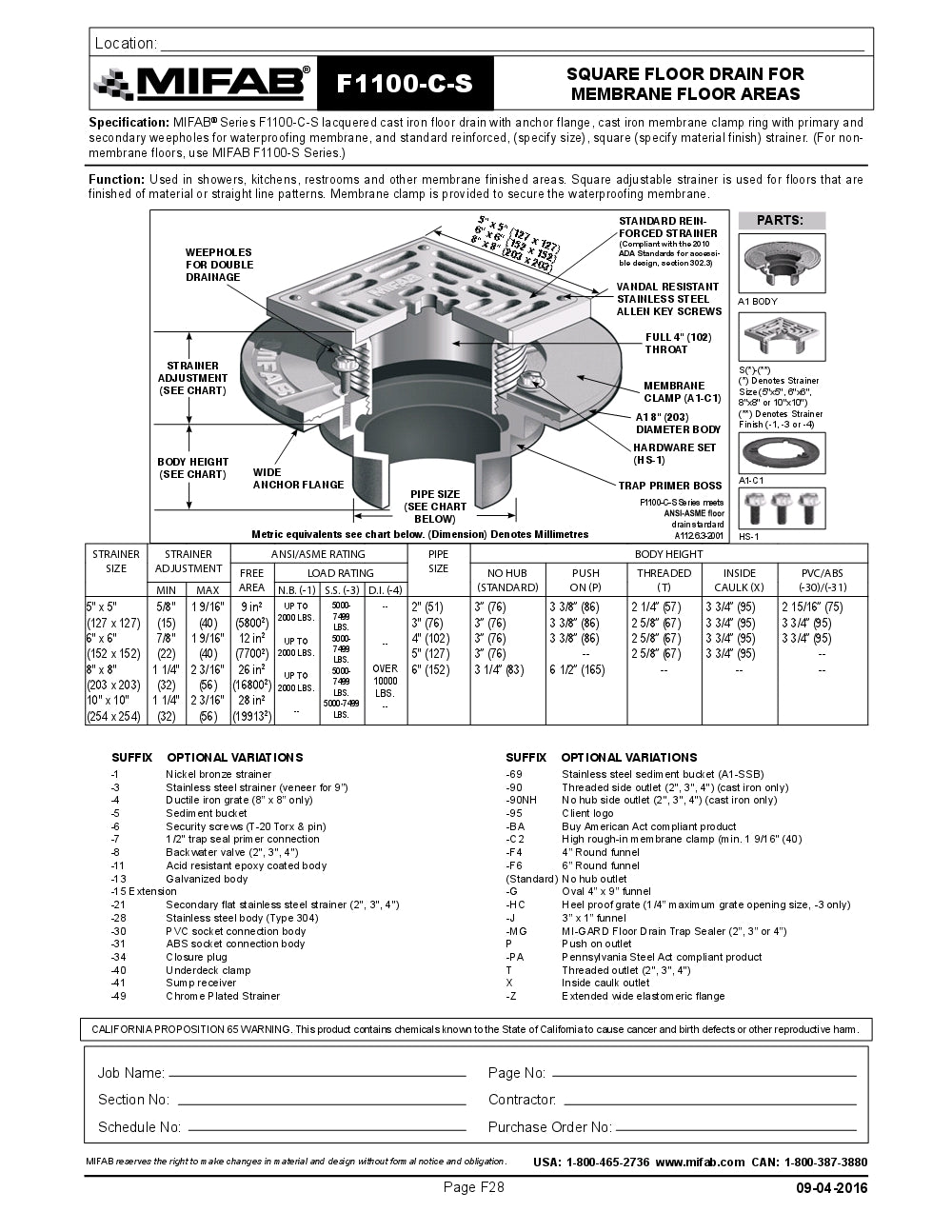 Coladera de Piso con Rejilla Cuadrada para Membrana marca Mifab, Quima.com, F1100-SC, Hoja Tecnica