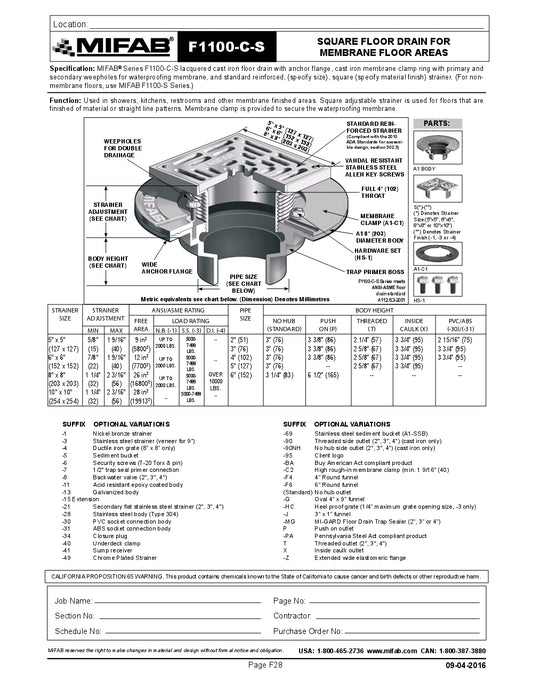 Coladera de Piso con Rejilla Cuadrada para Membrana marca Mifab, Quima.com, F1100-SC, Hoja Tecnica